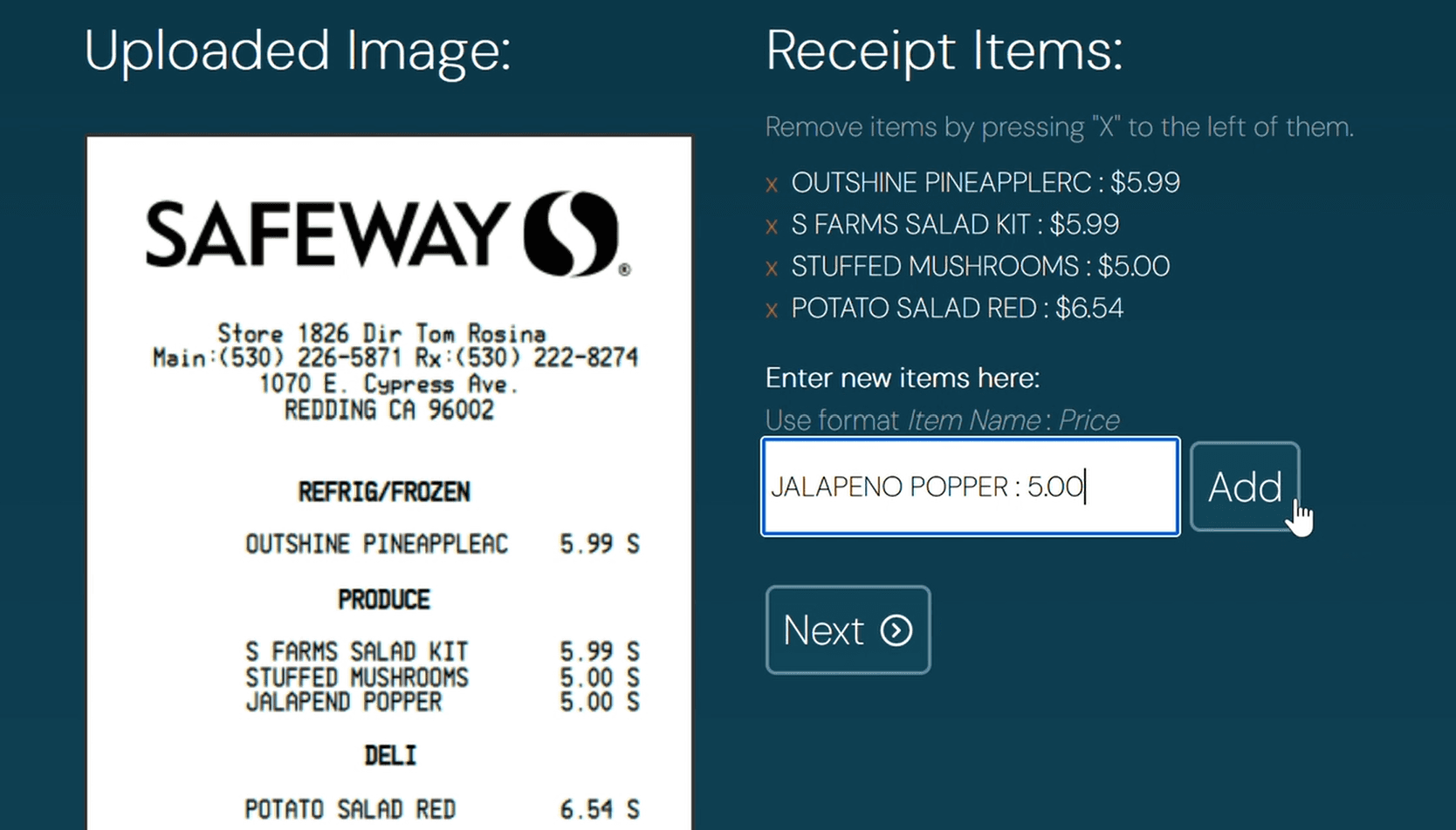 Photo of a receipt with a list of items on the right and a form and button next to the receipt.