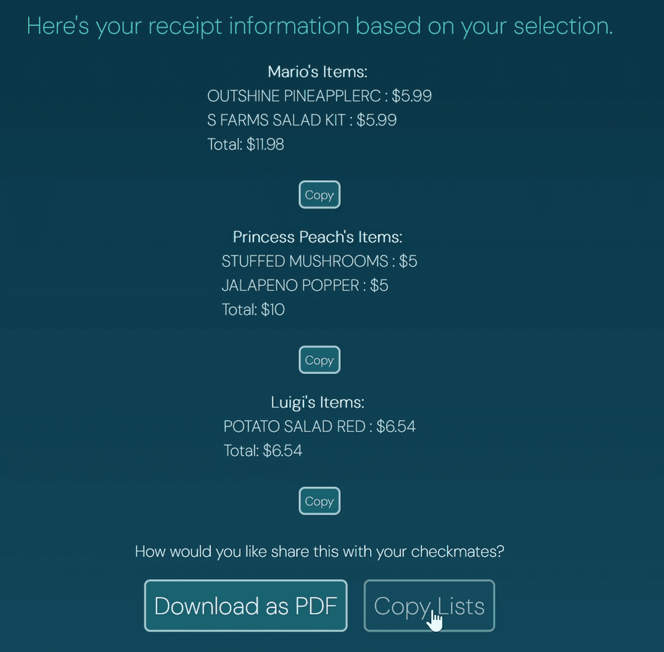 Photo of a receipt with a list of items on the right and a form and button next to the receipt.