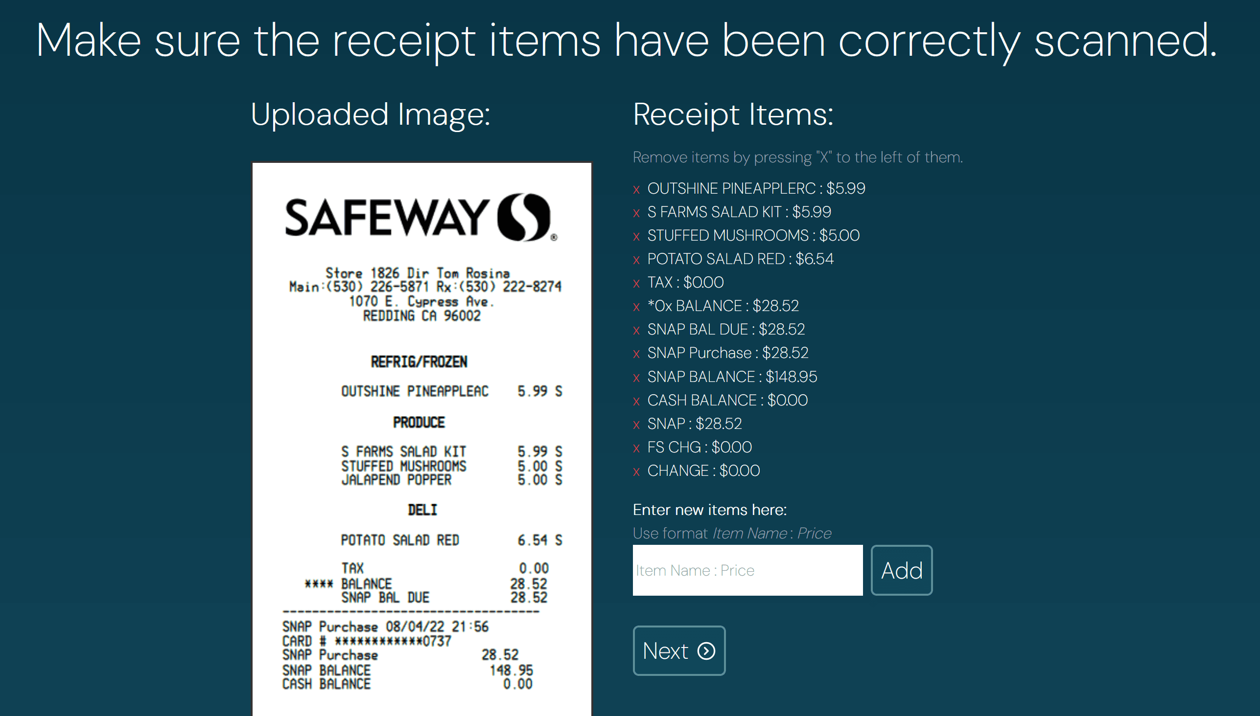 Photo of a receipt next to a list of items from the receipt.